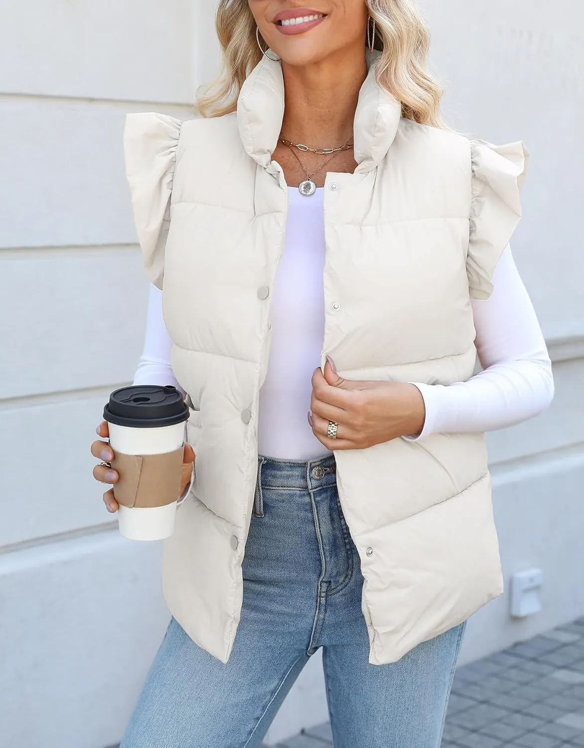 Kedera Women's Ruffle Sleeve Puffy Puffer Vests Winter Button Down Padded Gilet with Pocket