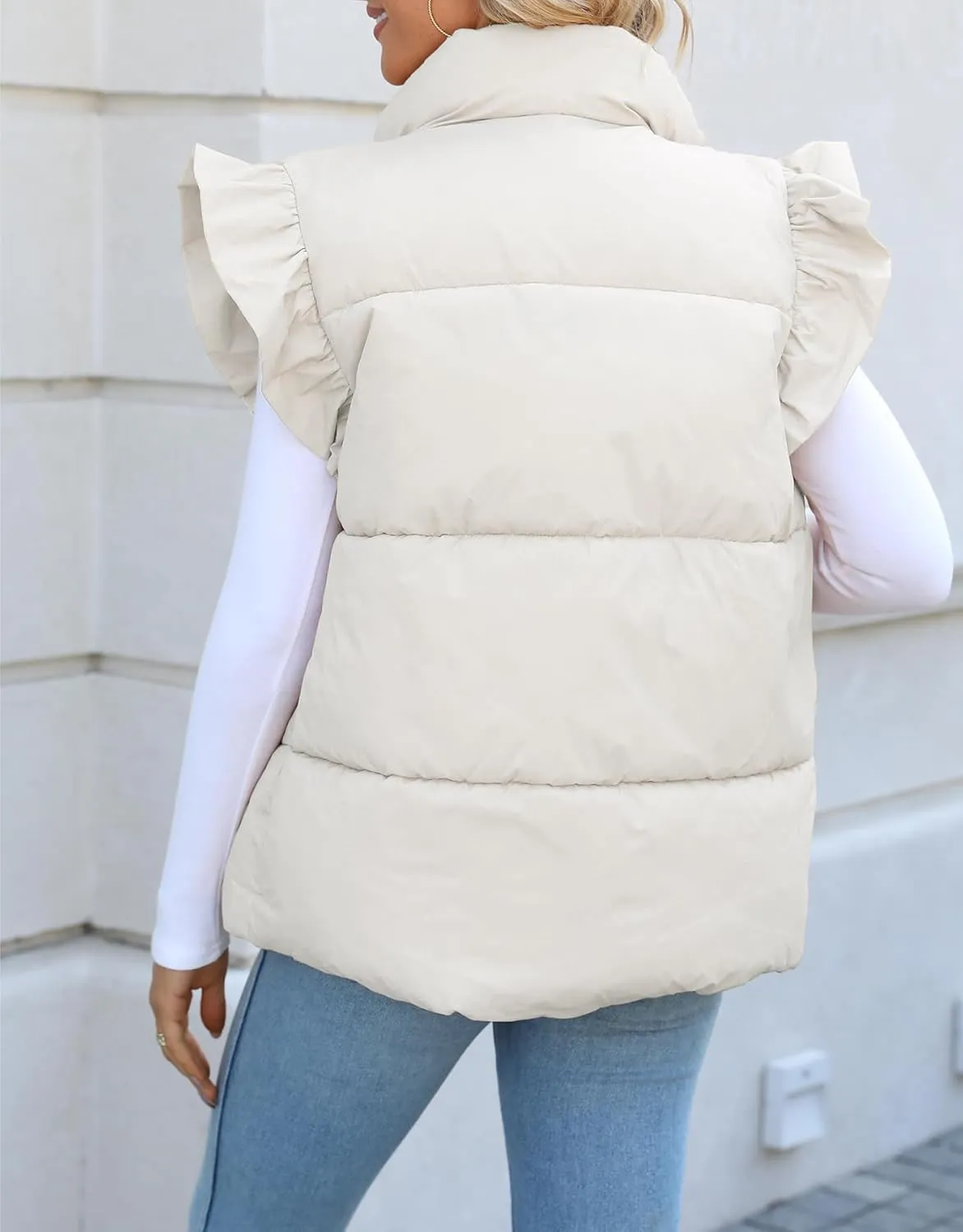 Kedera Women's Ruffle Sleeve Puffy Puffer Vests Winter Button Down Padded Gilet with Pocket