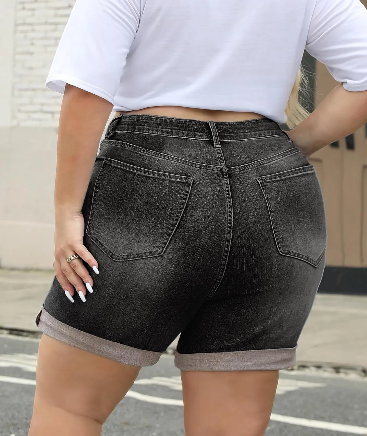 LALAGEN Women Plus Size Jean Shorts Stretchy High Waisted Distressed Ripped Denim Shorts Trendy Summer Casual Jorts