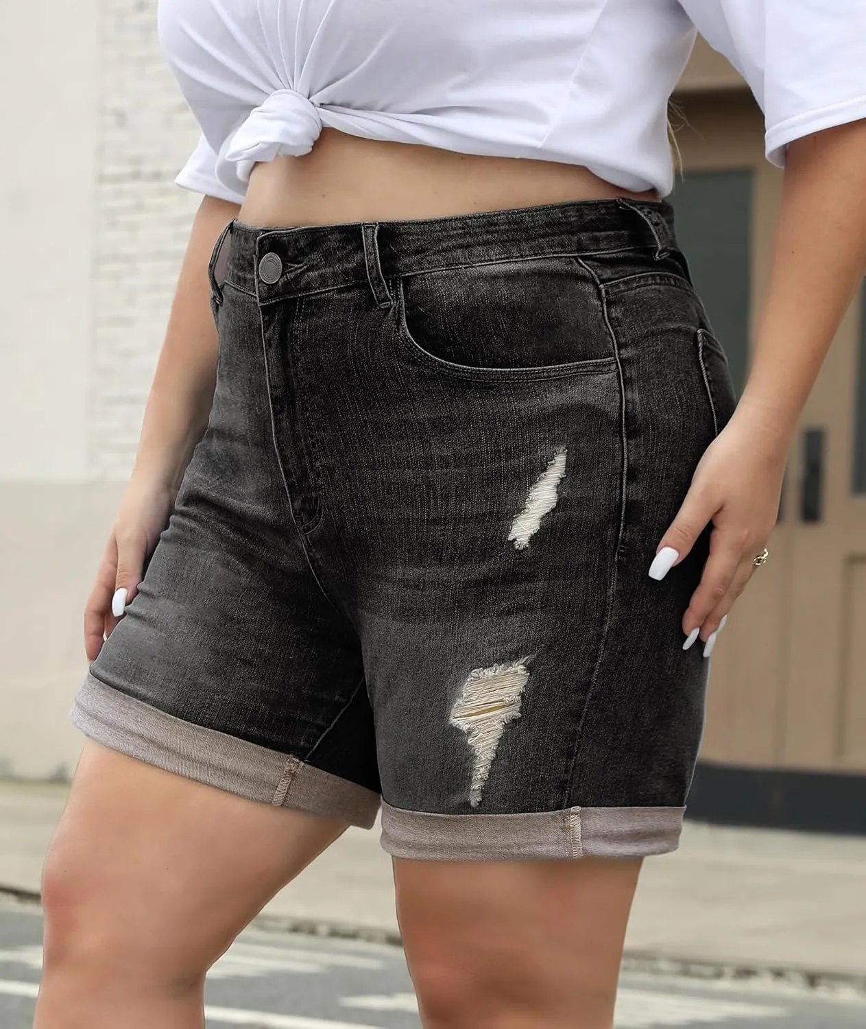 LALAGEN Women Plus Size Jean Shorts Stretchy High Waisted Distressed Ripped Denim Shorts Trendy Summer Casual Jorts