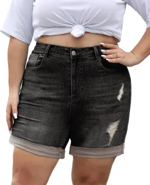 LALAGEN Women Plus Size Jean Shorts Stretchy High Waisted Distressed Ripped Denim Shorts Trendy Summer Casual Jorts