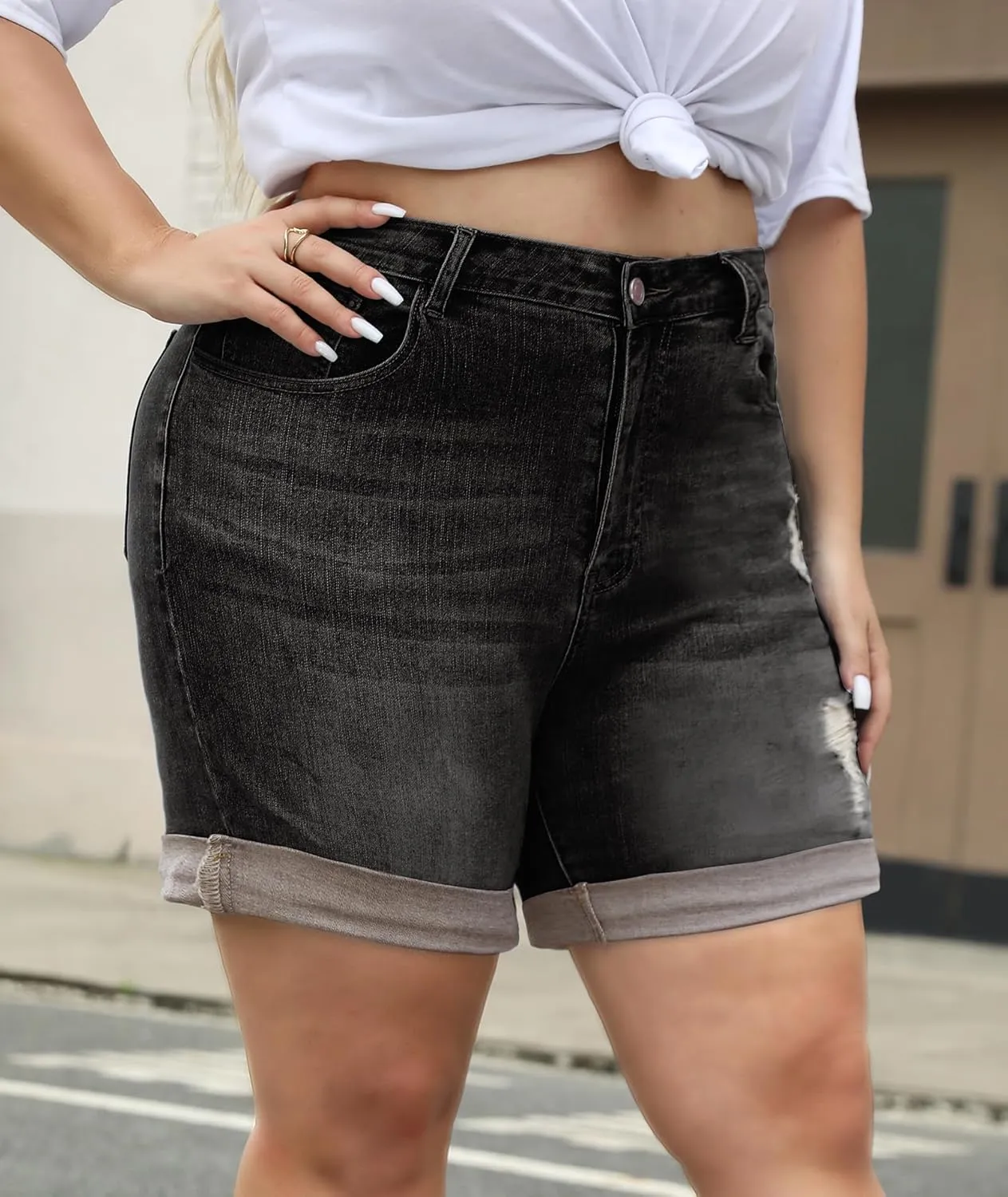 LALAGEN Women Plus Size Jean Shorts Stretchy High Waisted Distressed Ripped Denim Shorts Trendy Summer Casual Jorts