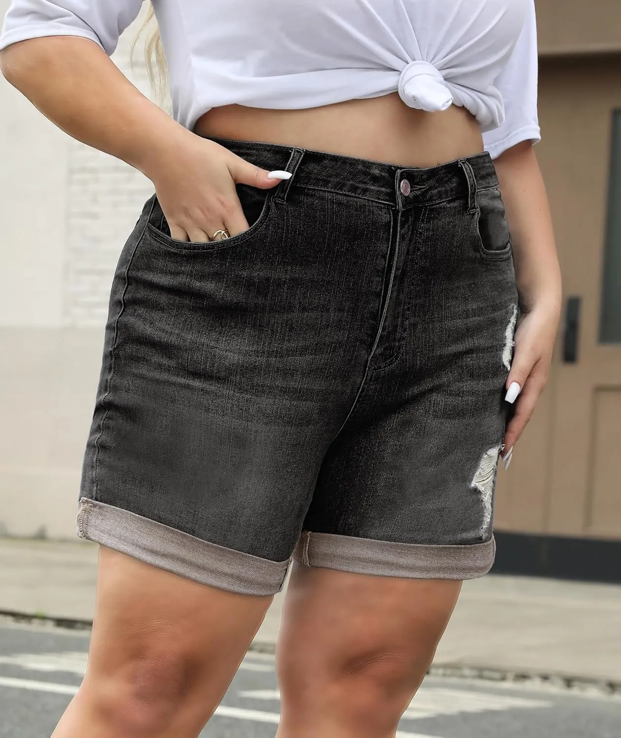LALAGEN Women Plus Size Jean Shorts Stretchy High Waisted Distressed Ripped Denim Shorts Trendy Summer Casual Jorts