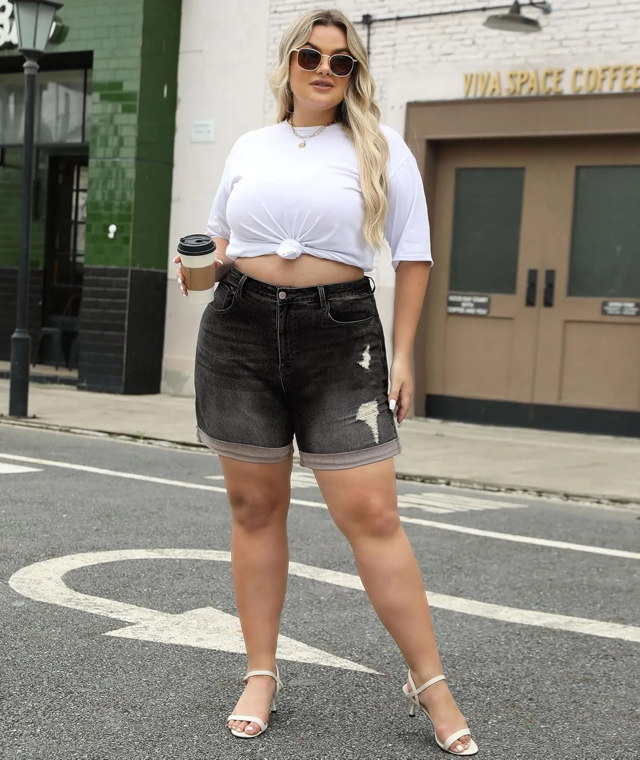LALAGEN Women Plus Size Jean Shorts Stretchy High Waisted Distressed Ripped Denim Shorts Trendy Summer Casual Jorts