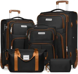 LARVENDER Luggage Sets 4 Piece, Softside Expandable Luggage, Black, 4 Piece Set, Expandable Rolling Suitcases Set With Spinner Wheels