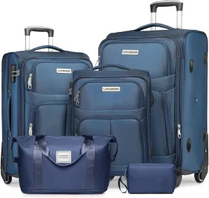 LARVENDER Luggage Sets 4 Piece, Softside Expandable Luggage, Blue, 4 Piece Set, Softside Expandable Luggage Sets With Spinner Wheels