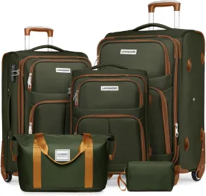LARVENDER Luggage Sets 4 Piece, Softside Expandable Luggage, Green/Brown, 4 Piece Set