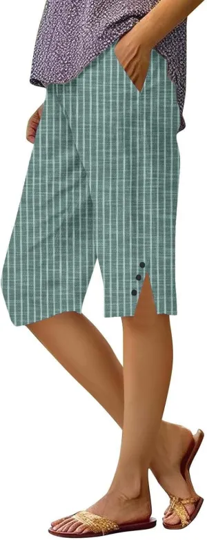 Linen Capri Pants for Women Casual Summer Retro Stripe Bermuda Shorts Light Weight Knee Length Plus Size Trousers