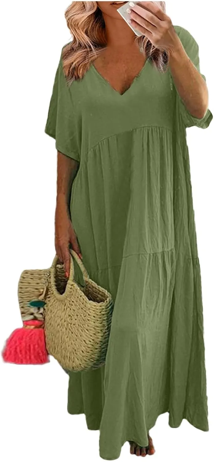 Linen Dresses for Women 2025 Short Sleeve Plus Size Boho Maxi Dresses Flowy V Neck Long Beach Dress Vacation Outfits