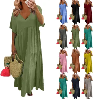 Linen Dresses for Women 2025 Short Sleeve Plus Size Boho Maxi Dresses Flowy V Neck Long Beach Dress Vacation Outfits