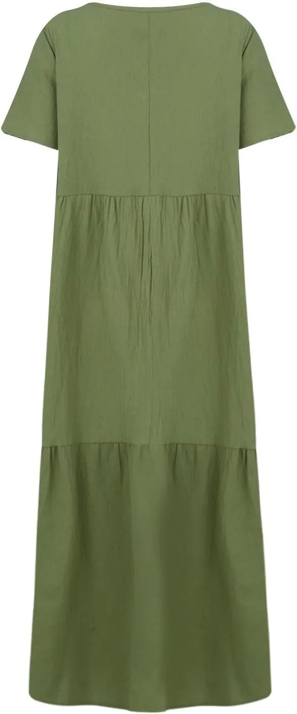 Linen Dresses for Women 2025 Short Sleeve Plus Size Boho Maxi Dresses Flowy V Neck Long Beach Dress Vacation Outfits