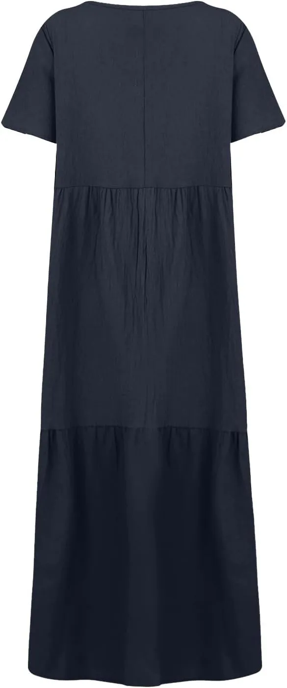 Linen Dresses for Women 2025 Short Sleeve Plus Size Boho Maxi Dresses Flowy V Neck Long Beach Dress Vacation Outfits