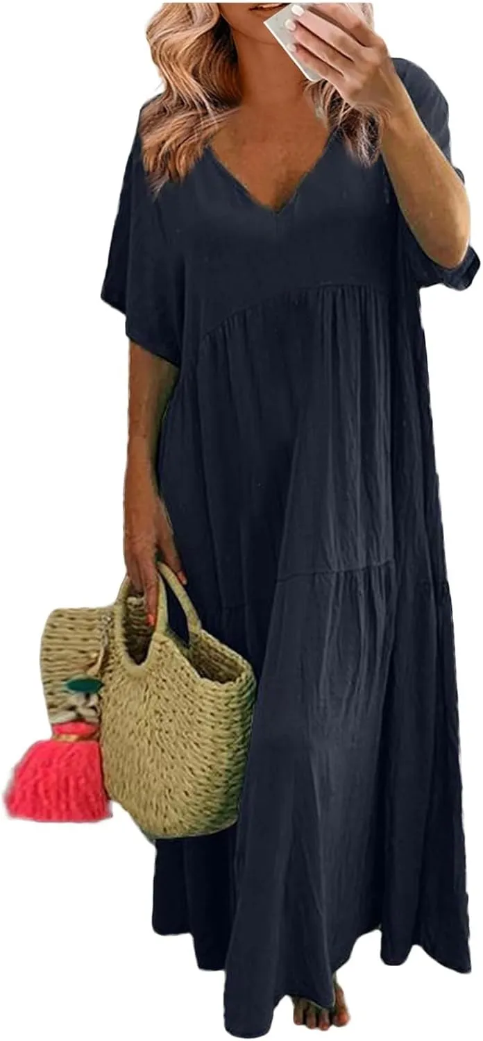 Linen Dresses for Women 2025 Short Sleeve Plus Size Boho Maxi Dresses Flowy V Neck Long Beach Dress Vacation Outfits