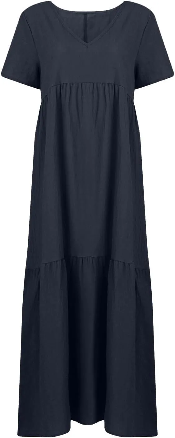 Linen Dresses for Women 2025 Short Sleeve Plus Size Boho Maxi Dresses Flowy V Neck Long Beach Dress Vacation Outfits