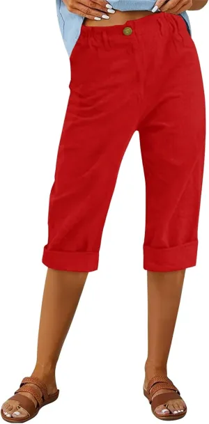 Linen Pants for Women 2025 Casual Elastic Waist Cropped Trouser Fashion Resort Wear Beach Vacation Capris Clothes
