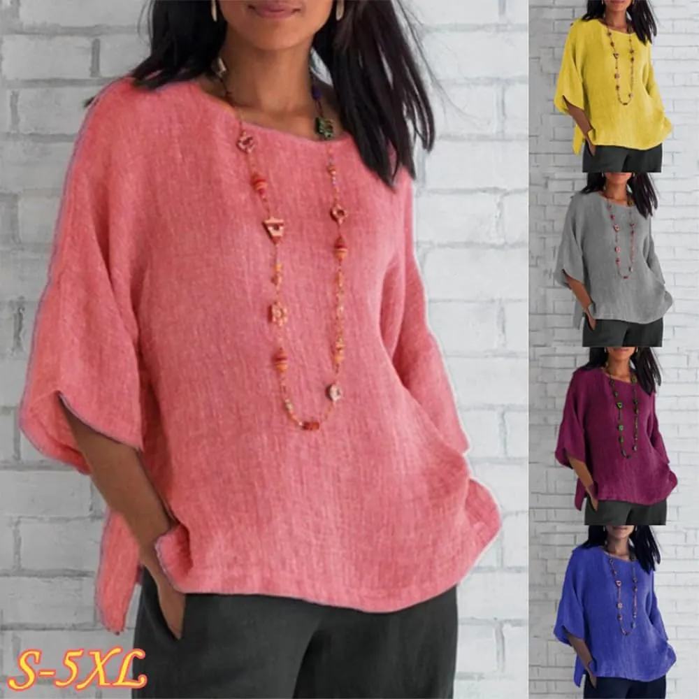 Linen Shirts for Women Plus Size 3/4 Length Sleeve Tops Casual Loose Fit Round Neck Tees 2024 Summer Fashion Blouse