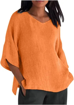 Linen Shirts for Women Plus Size 3/4 Length Sleeve Tops Casual Loose Fit Round Neck Tees 2024 Summer Fashion Blouse