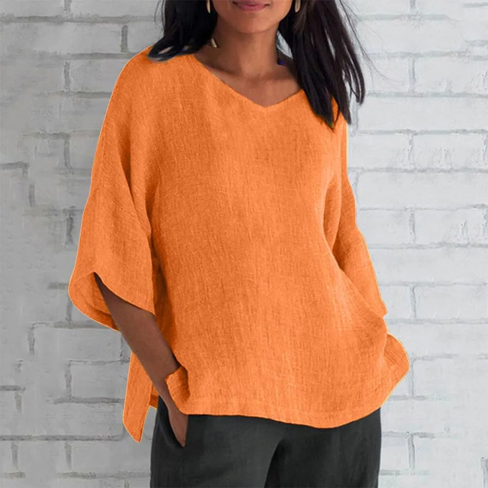 Linen Shirts for Women Plus Size 3/4 Length Sleeve Tops Casual Loose Fit Round Neck Tees 2024 Summer Fashion Blouse