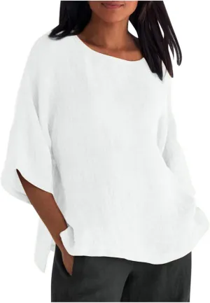 Linen Shirts for Women Plus Size 3/4 Length Sleeve Tops Casual Loose Fit Round Neck Tees 2025 Summer Fashion Blouse