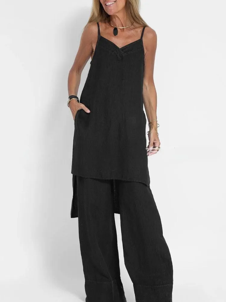 LOAIHA Womens 2 Piece Outfit Set Spaghetti Strap V Neck Cami Top with Wide Leg Pants Casual Pajama Sets