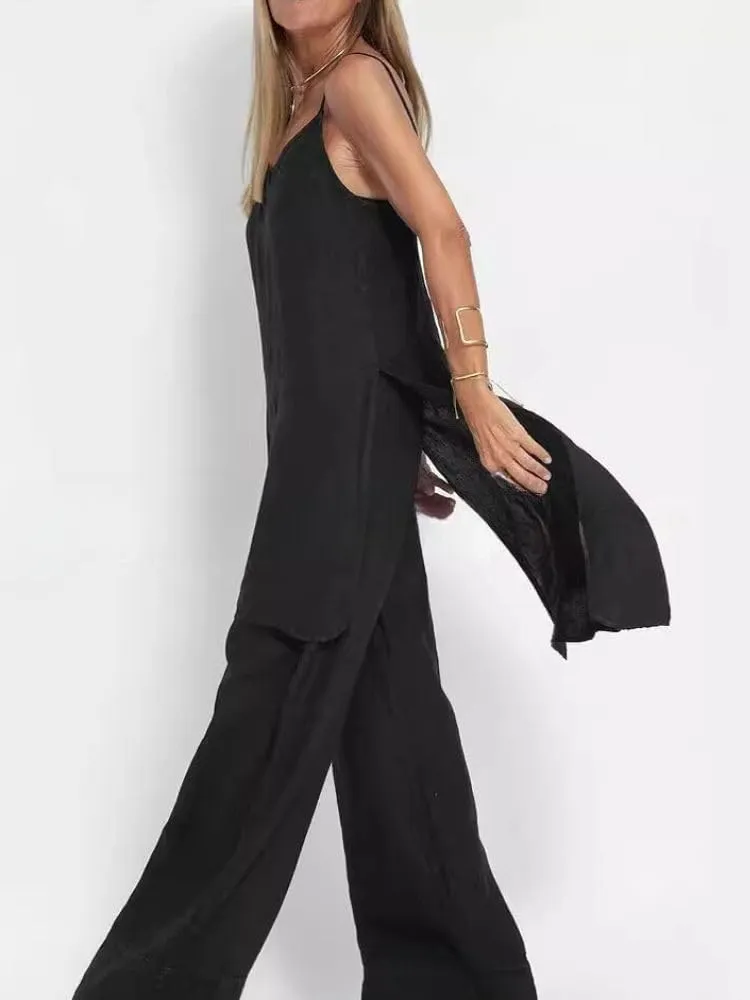 LOAIHA Womens 2 Piece Outfit Set Spaghetti Strap V Neck Cami Top with Wide Leg Pants Casual Pajama Sets