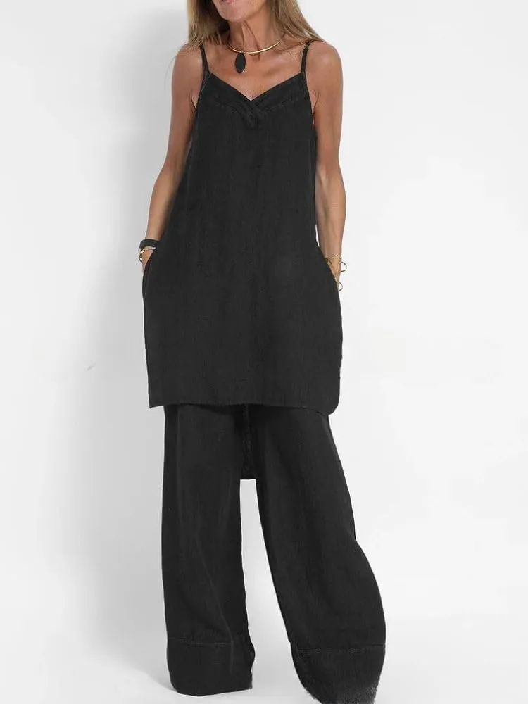 LOAIHA Womens 2 Piece Outfit Set Spaghetti Strap V Neck Cami Top with Wide Leg Pants Casual Pajama Sets