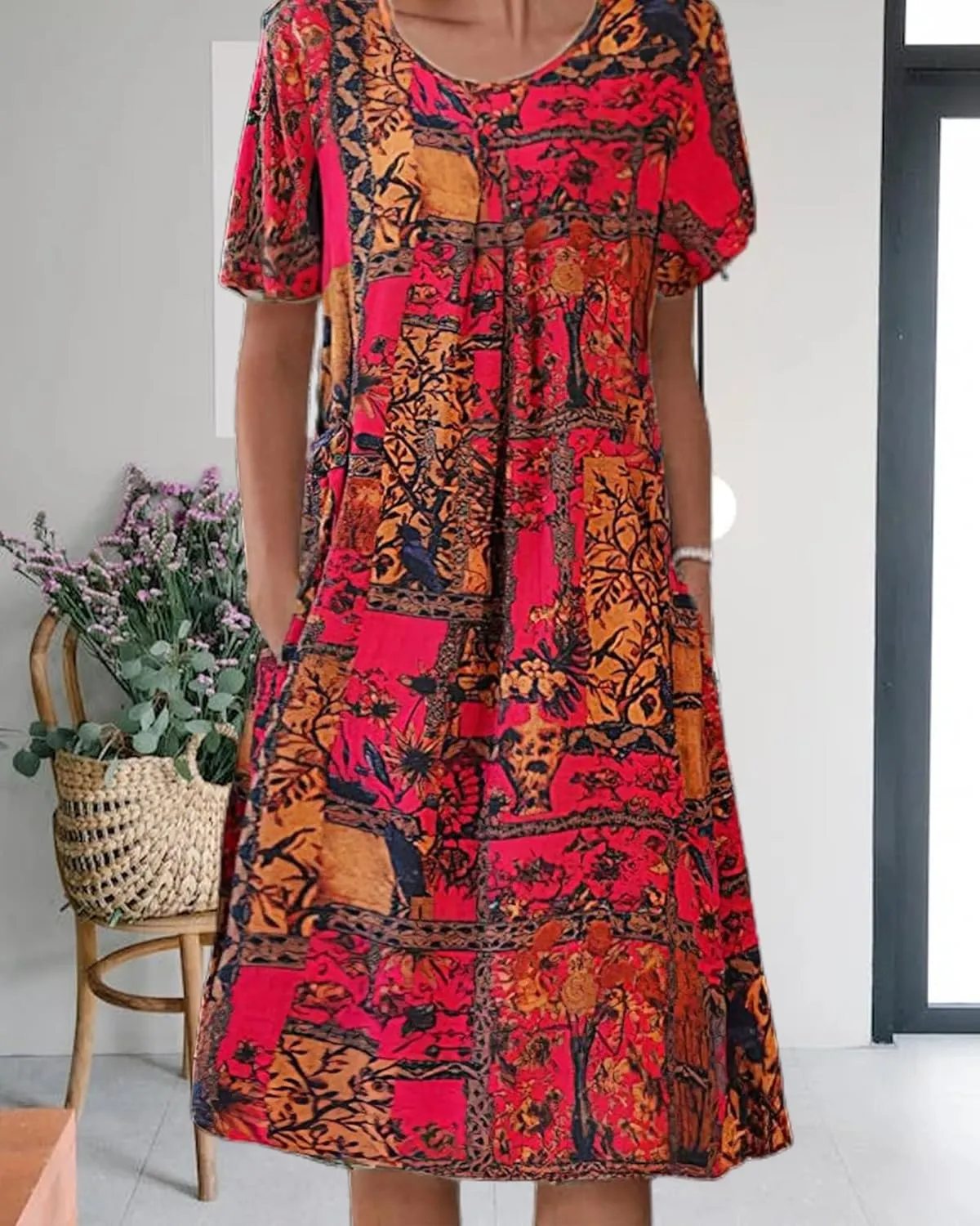 LOAIHA Women's Boho Dress Floral Print Short Sleeve T Shirt Dress 2024 Summer Casual Loose Swing Midi Dresses with Pockets