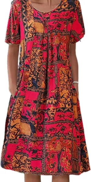 LOAIHA Women's Boho Dress Floral Print Short Sleeve T Shirt Dress 2024 Summer Casual Loose Swing Midi Dresses with Pockets