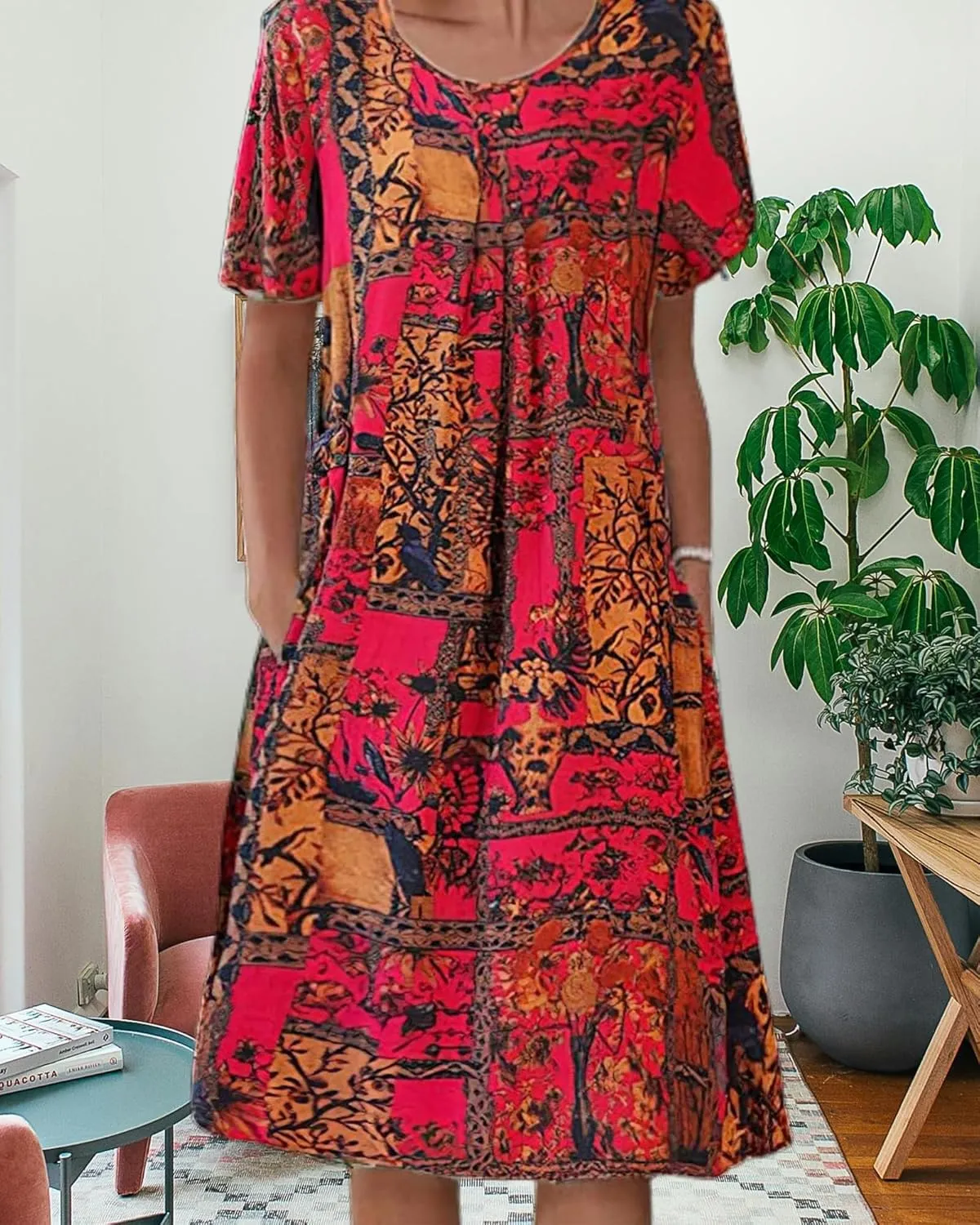 LOAIHA Women's Boho Dress Floral Print Short Sleeve T Shirt Dress 2024 Summer Casual Loose Swing Midi Dresses with Pockets