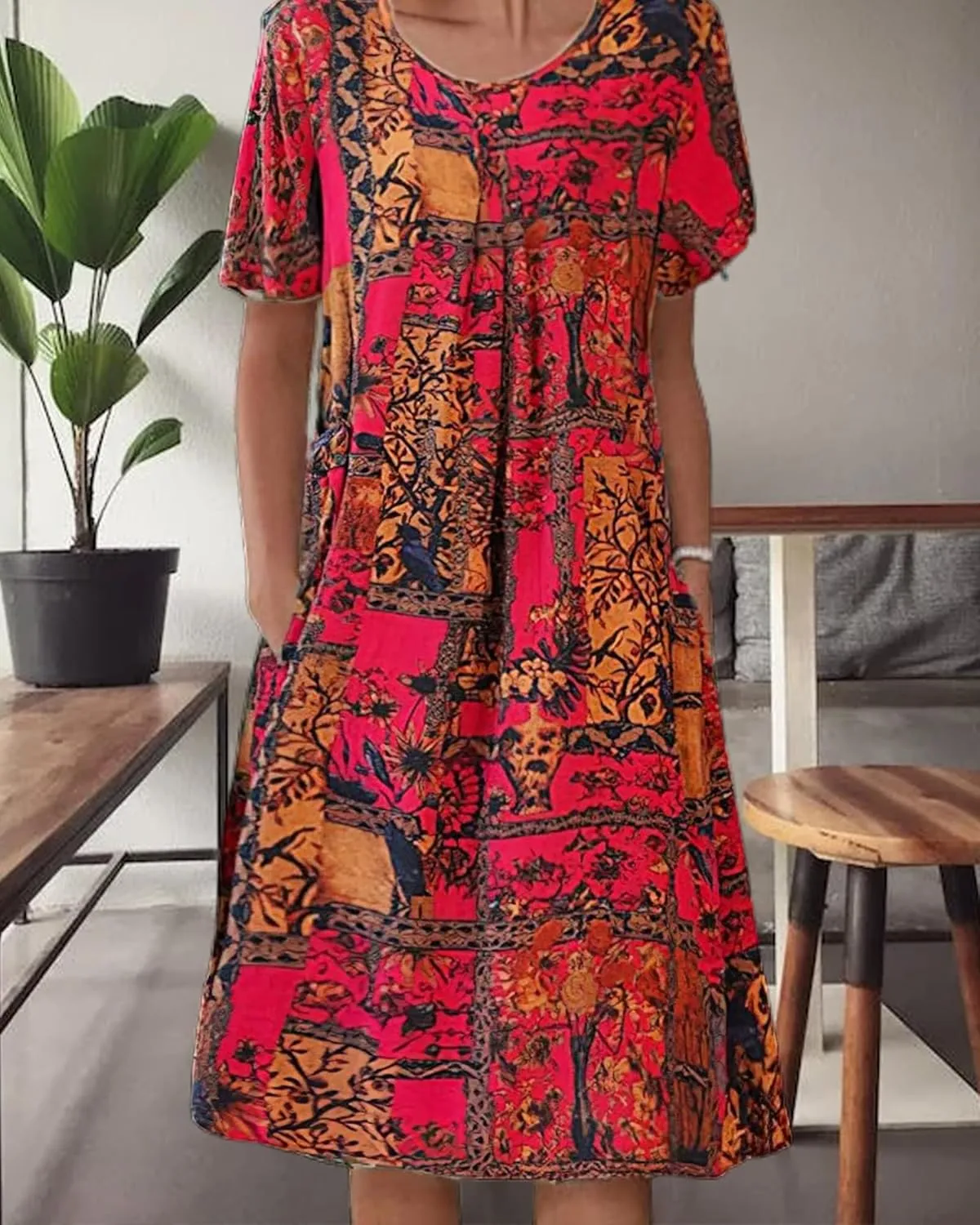 LOAIHA Women's Boho Dress Floral Print Short Sleeve T Shirt Dress 2024 Summer Casual Loose Swing Midi Dresses with Pockets