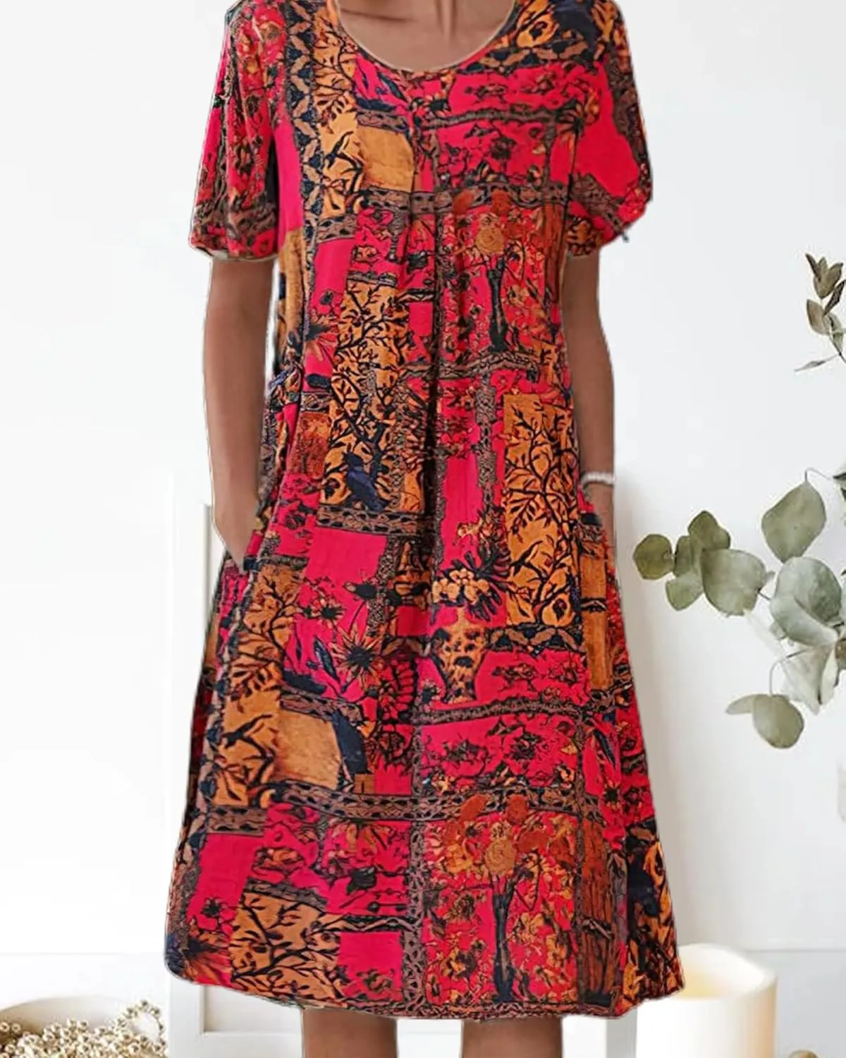 LOAIHA Women's Boho Dress Floral Print Short Sleeve T Shirt Dress 2024 Summer Casual Loose Swing Midi Dresses with Pockets