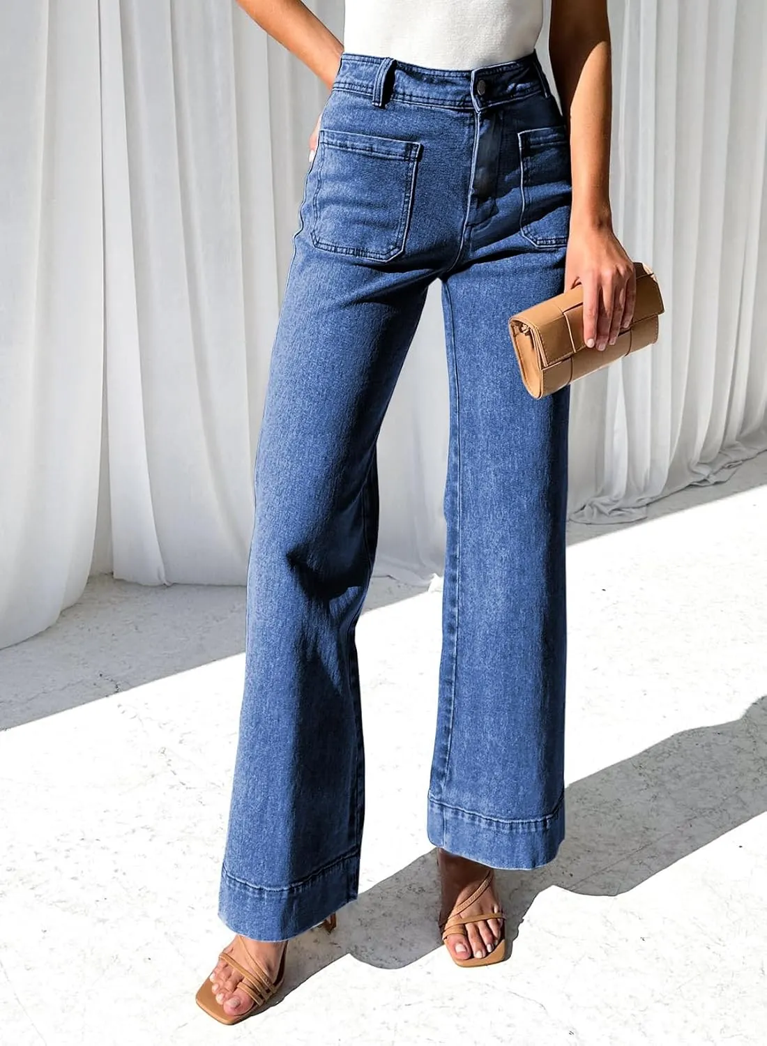 LOLONG Jeans for Women 2024 High Waisted Flare Casual Wide Leg Denim Pants Baggy with Patch Pockets