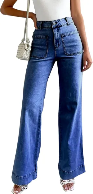 LOLONG Jeans for Women 2024 High Waisted Flare Casual Wide Leg Denim Pants Baggy with Patch Pockets