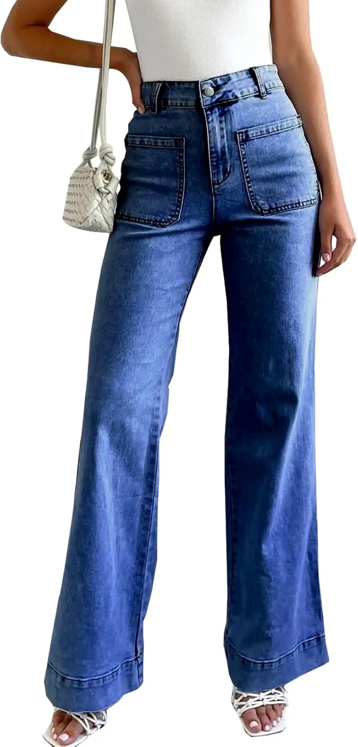 LOLONG Jeans for Women 2024 High Waisted Flare Casual Wide Leg Denim Pants Baggy with Patch Pockets