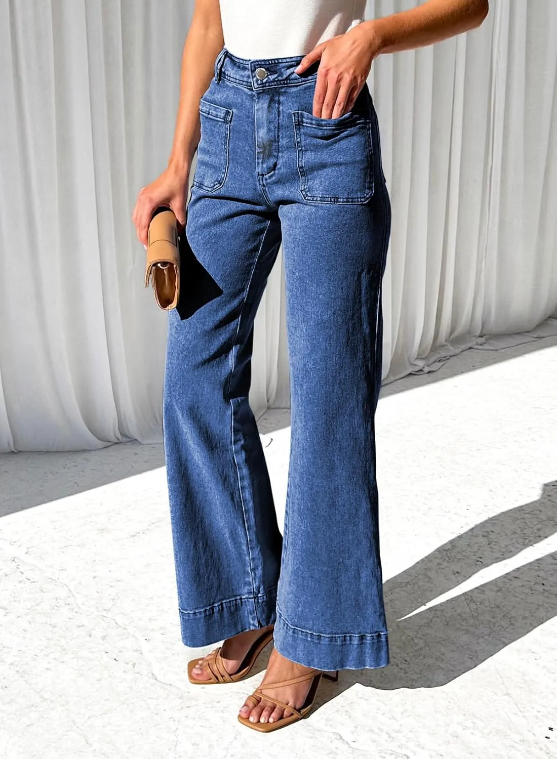 LOLONG Jeans for Women 2024 High Waisted Flare Casual Wide Leg Denim Pants Baggy with Patch Pockets