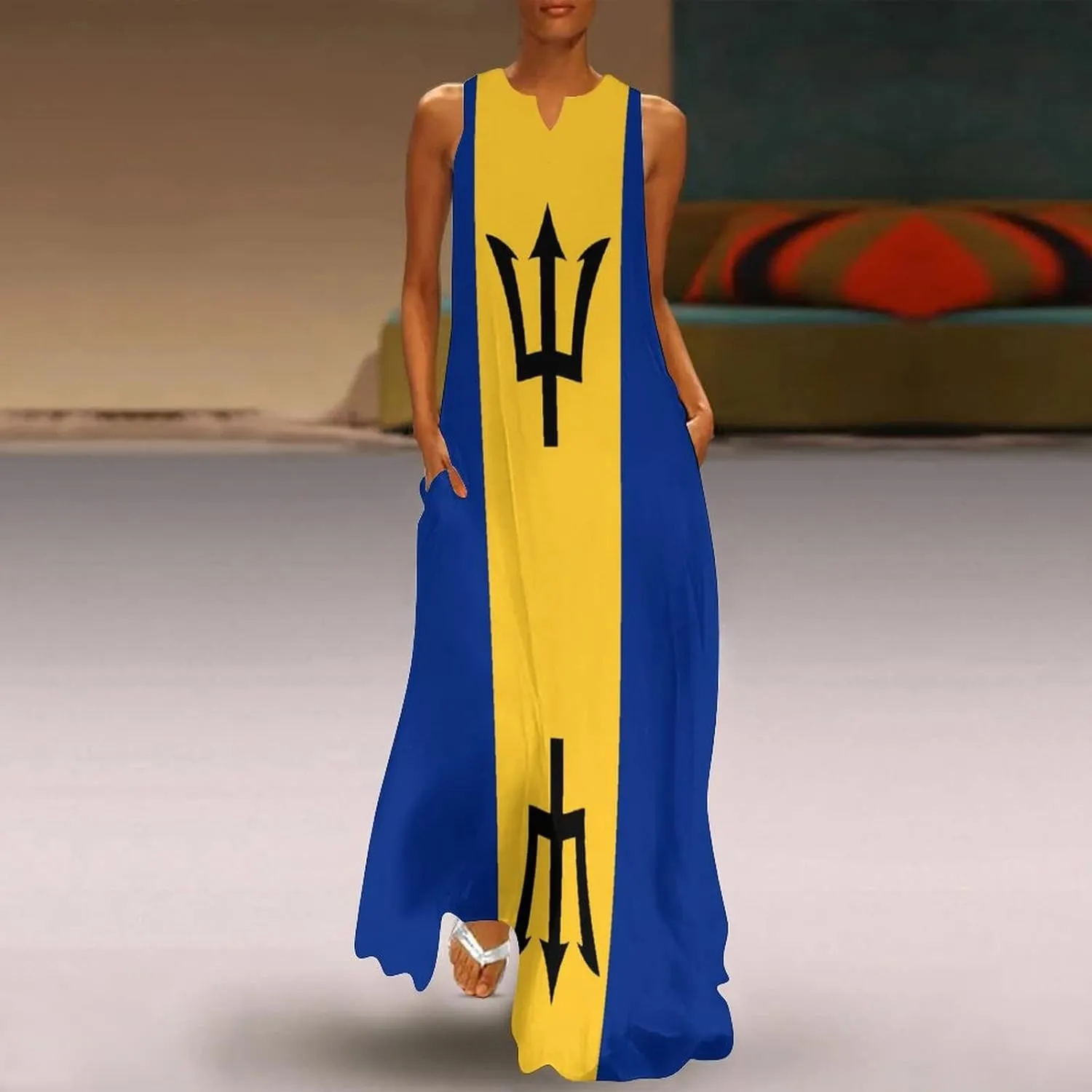 Long Dress Dress for Womens Summer Top Barbados Flag Casual V Neck Shift Dress S