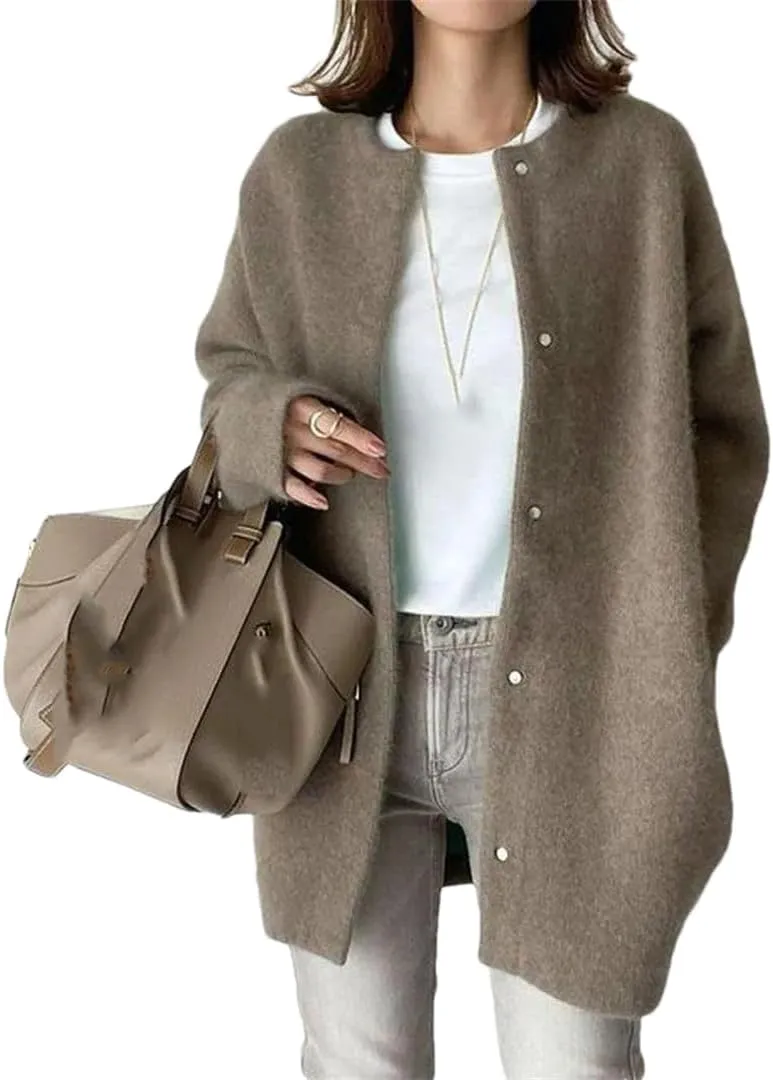 Loose Women Cardigan Autumn Winter Fashion Vintage Long Sleeve O Neck Sweater Casual Solid Knitted Cardigan