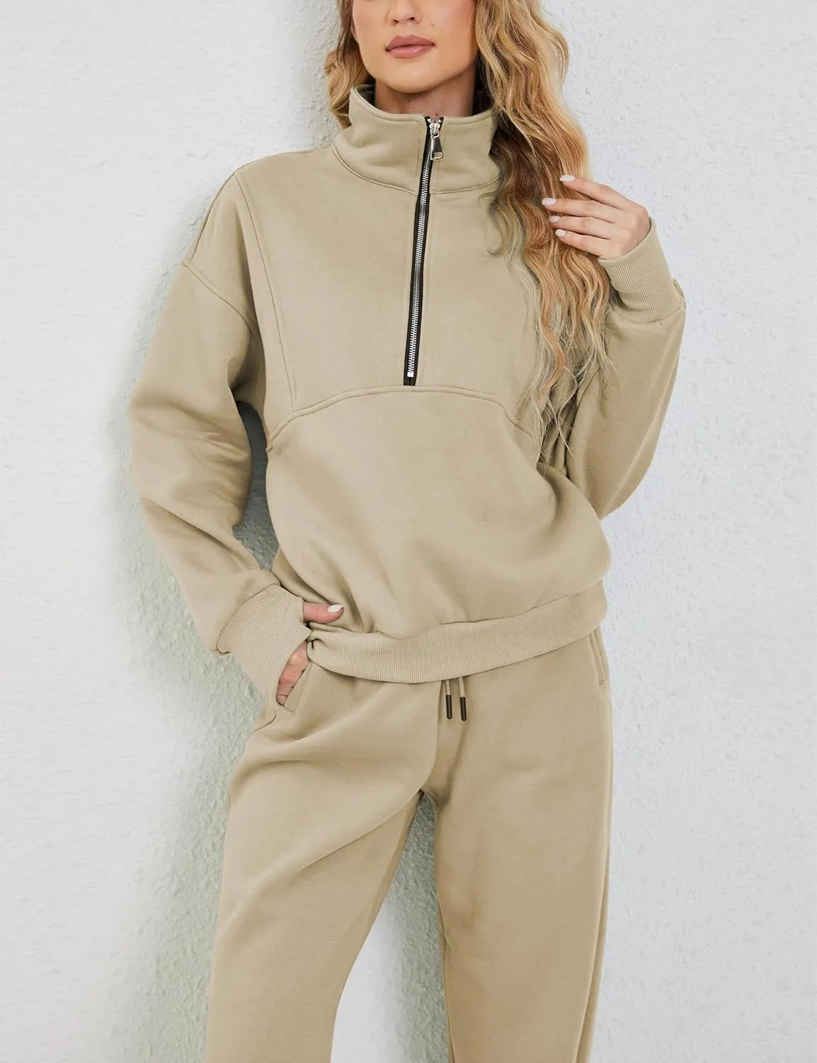 LTSCNRM Women Fleece Sweatsuits Two Piece Airport Outfits Half Zip Pullover Sweatshirt Jogging Pants Tracksuit Set