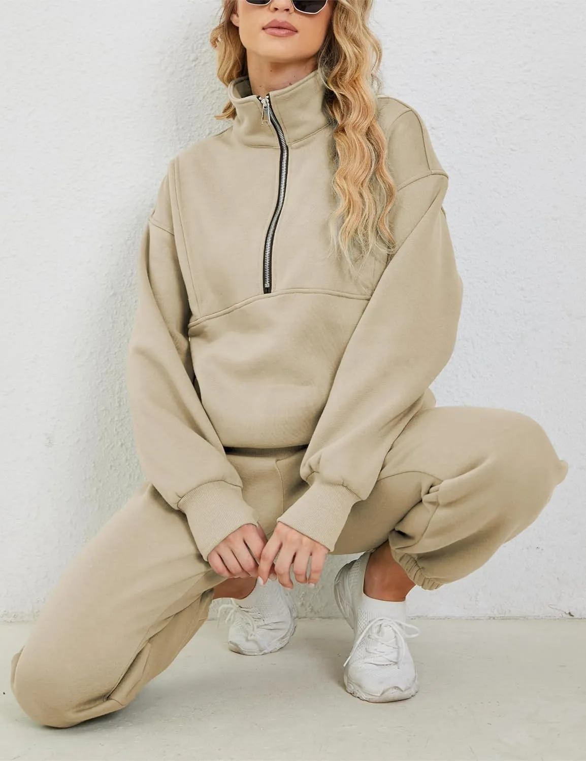 LTSCNRM Women Fleece Sweatsuits Two Piece Airport Outfits Half Zip Pullover Sweatshirt Jogging Pants Tracksuit Set
