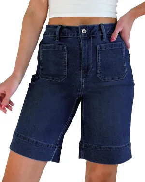 luvamia Bermuda Shorts for Women High Waisted Trendy Patch Pocket Casual Vintage Long Stretchy Denim Shorts Summer Jorts