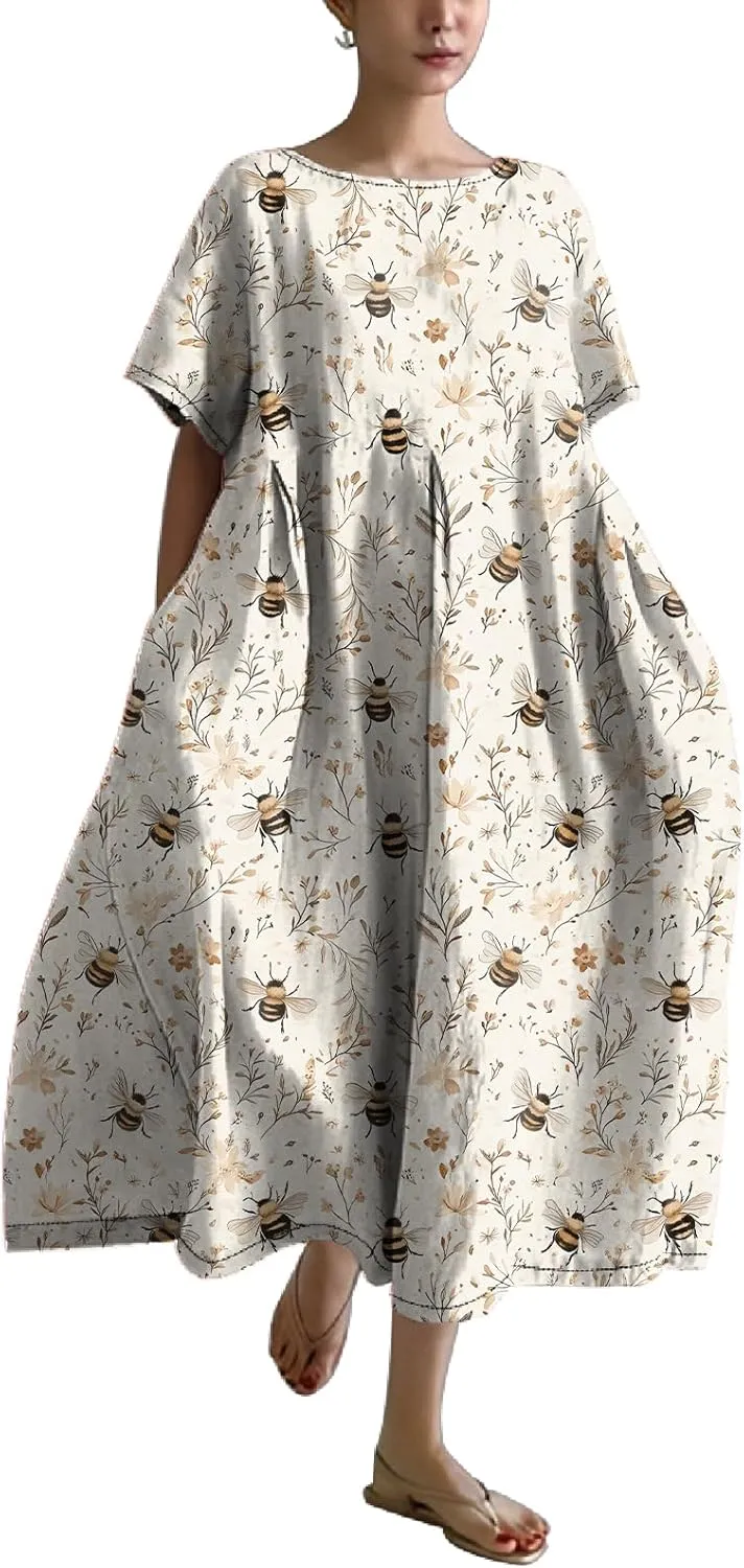 MARSVOVO Maxi Dresse for Women Short Sleeve Cute Funny Animal Theme Print Unique A-line Flowy Swing Casual Outdoor Dress
