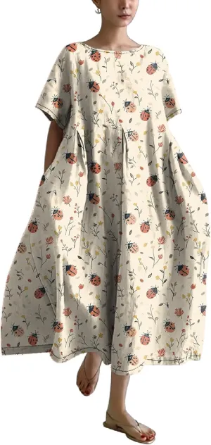 MARSVOVO Maxi Dresse for Women Short Sleeve Cute Funny Animal Theme Print Unique A-line Flowy Swing Casual Outdoor Dress
