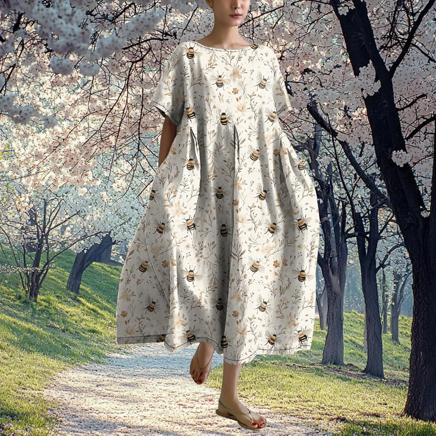 MARSVOVO Maxi Dresse for Women Short Sleeve Cute Funny Animal Theme Print Unique A-line Flowy Swing Casual Outdoor Dress