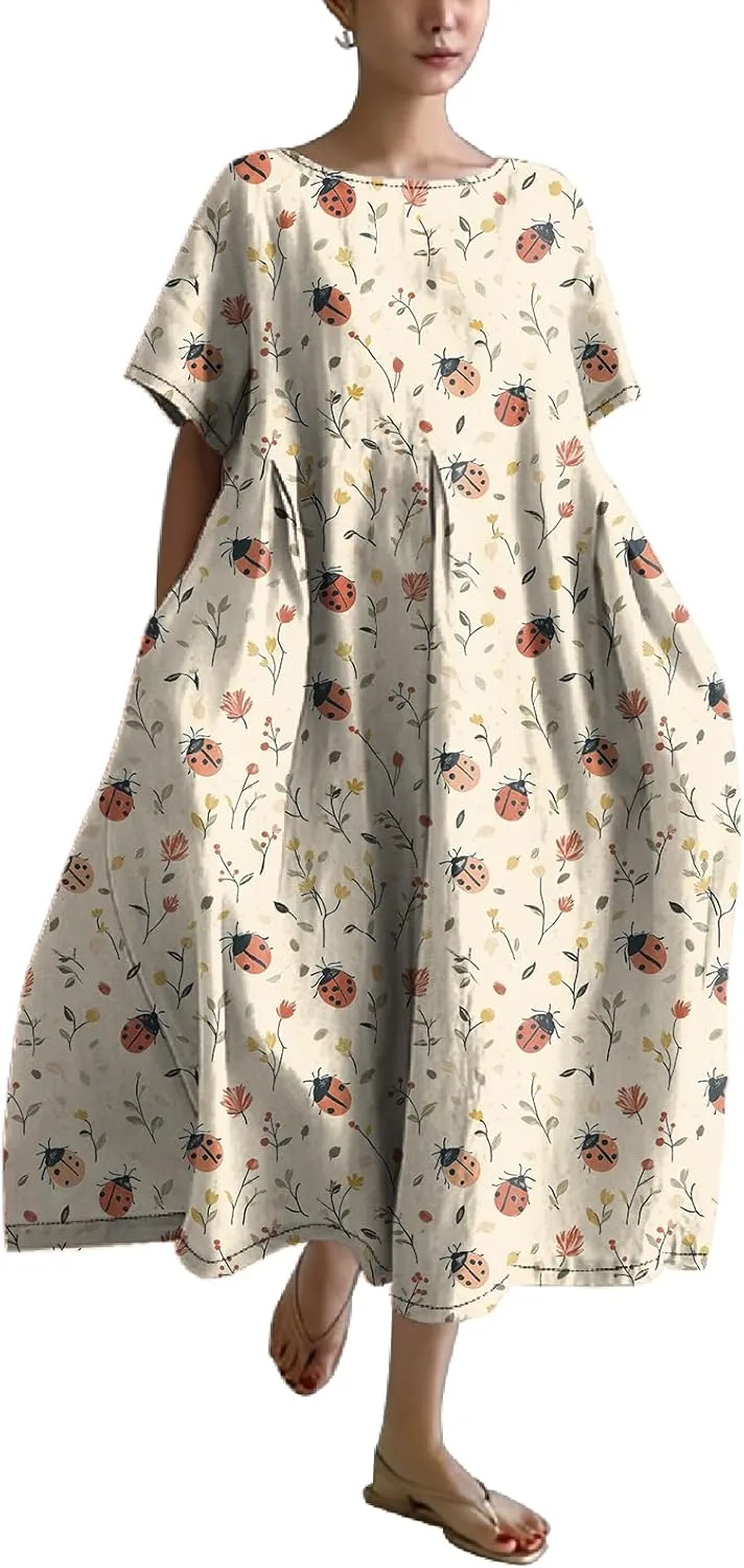 MARSVOVO Maxi Dresse for Women Short Sleeve Cute Funny Animal Theme Print Unique A-line Flowy Swing Casual Outdoor Dress