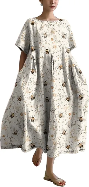 MARSVOVO Maxi Dresse for Women Short Sleeve Cute Funny Animal Theme Print Unique A-line Flowy Swing Casual Outdoor Dress