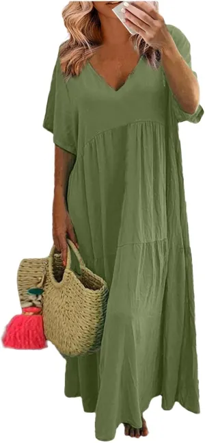 Maxi Dresses for Women 2025 Plus Size Short Sleeve V Neck Summer Boho Linen Dress Lightweight Flowy Vacation Beach Dress