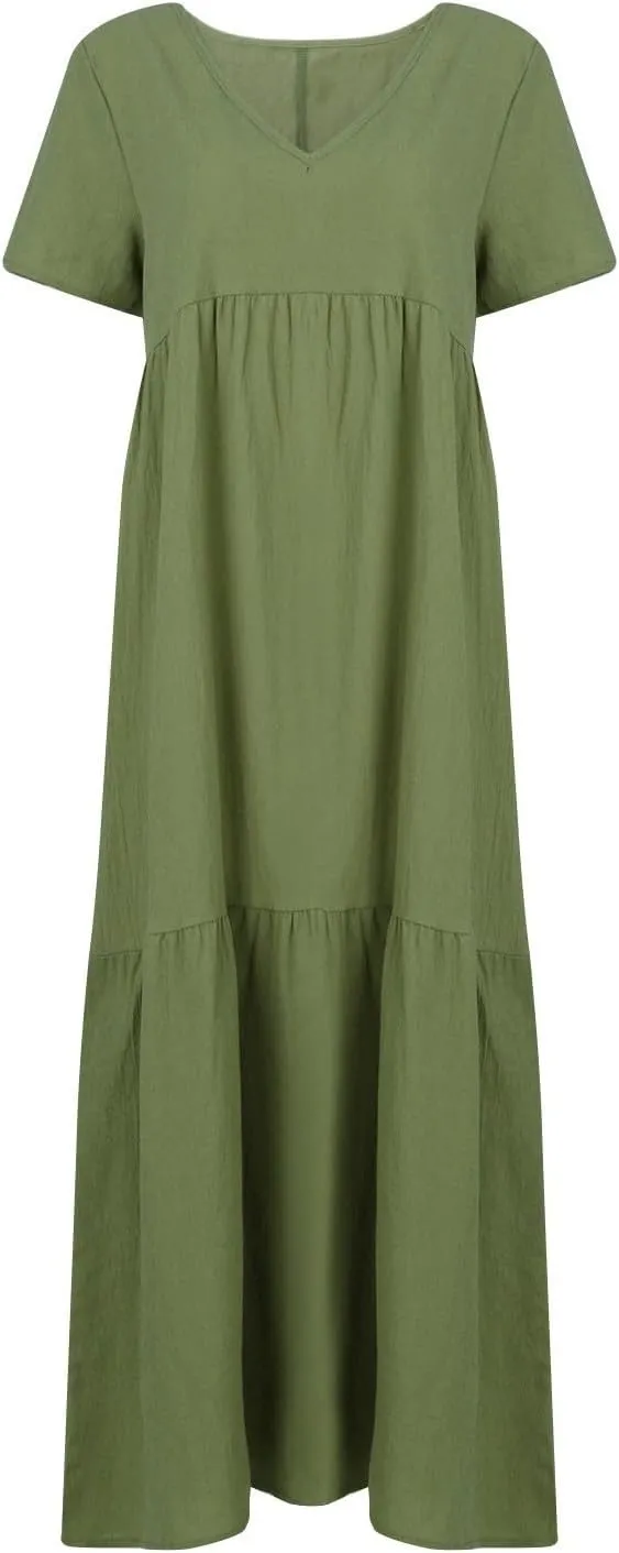 Maxi Dresses for Women 2025 Plus Size Short Sleeve V Neck Summer Boho Linen Dress Lightweight Flowy Vacation Beach Dress