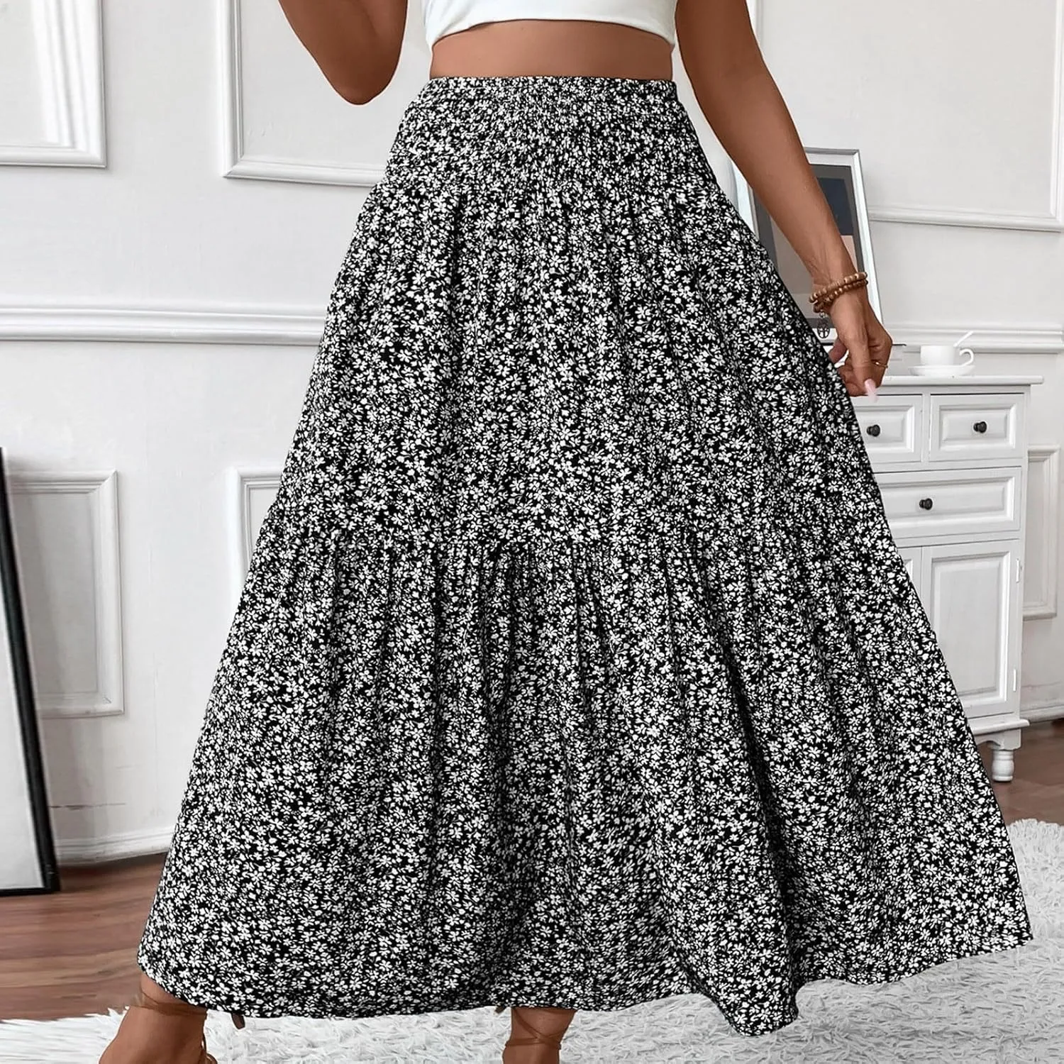 Maxi Skirts for Women with Pockets 2025 Summer Long High Elastic Waist Boho Flowy Ruffle A-Line Midi Length Floral Skirt