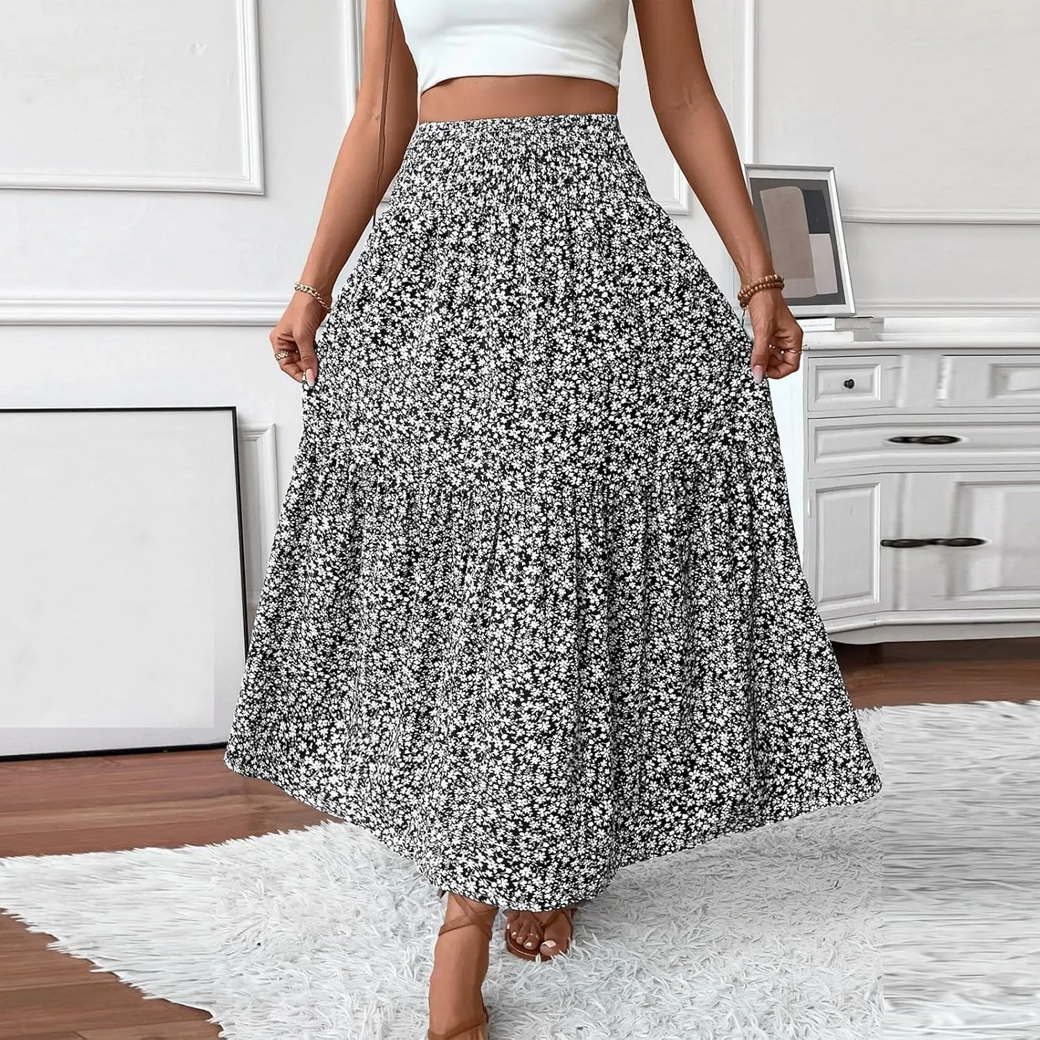 Maxi Skirts for Women with Pockets 2025 Summer Long High Elastic Waist Boho Flowy Ruffle A-Line Midi Length Floral Skirt