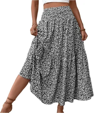 Maxi Skirts for Women with Pockets 2025 Summer Long High Elastic Waist Boho Flowy Ruffle A-Line Midi Length Floral Skirt
